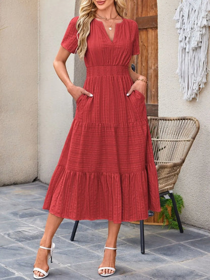 Tiered Notched Short Sleeve Dress