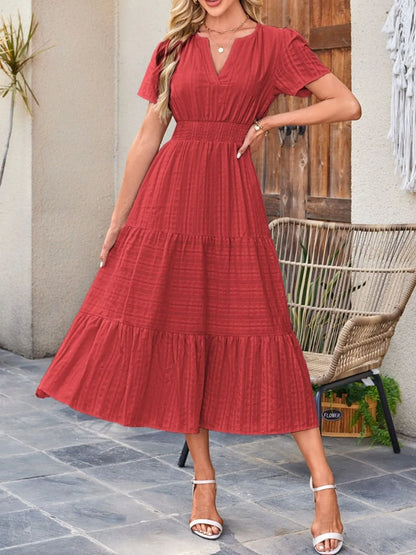Tiered Notched Short Sleeve Dress
