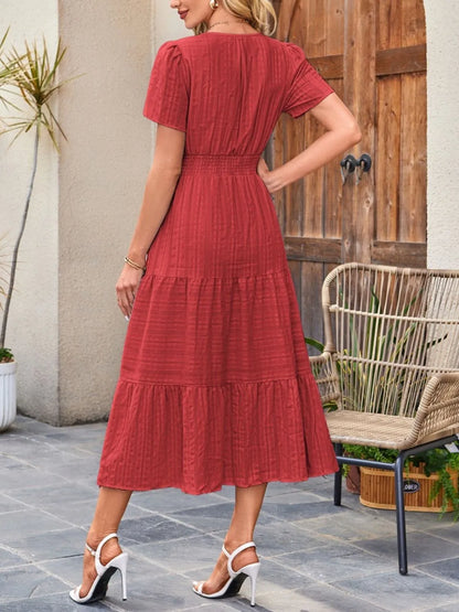 Tiered Notched Short Sleeve Dress