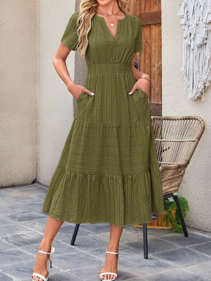 Tiered Notched Short Sleeve Dress