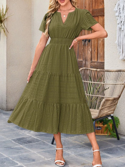 Tiered Notched Short Sleeve Dress