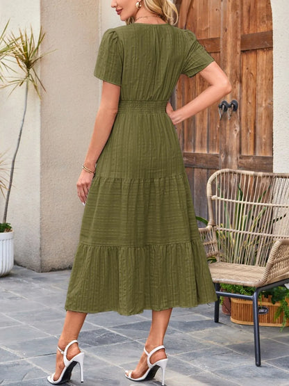 Tiered Notched Short Sleeve Dress