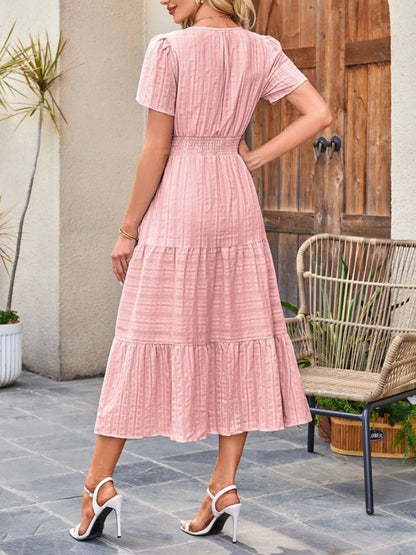 Tiered Notched Short Sleeve Dress
