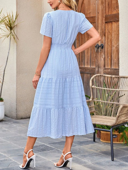 Tiered Notched Short Sleeve Dress