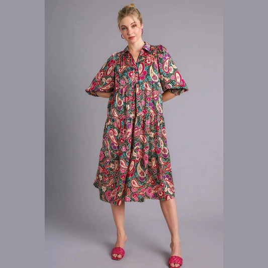 Umgee Full Size Paisley Print Satin Tiered Midi Dress Plus Size
