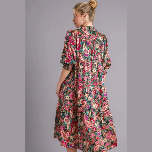 Umgee Full Size Paisley Print Satin Tiered Midi Dress Plus Size