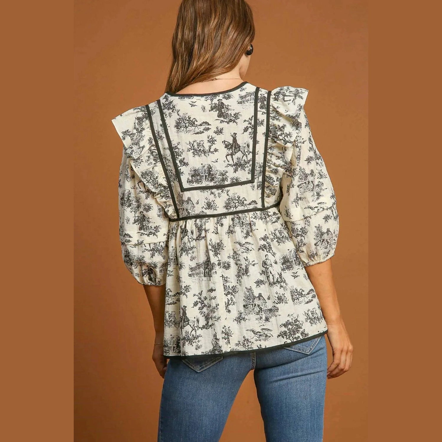Umgee Ruffled Tie Neck Puff Sleeve Babydoll Blouse