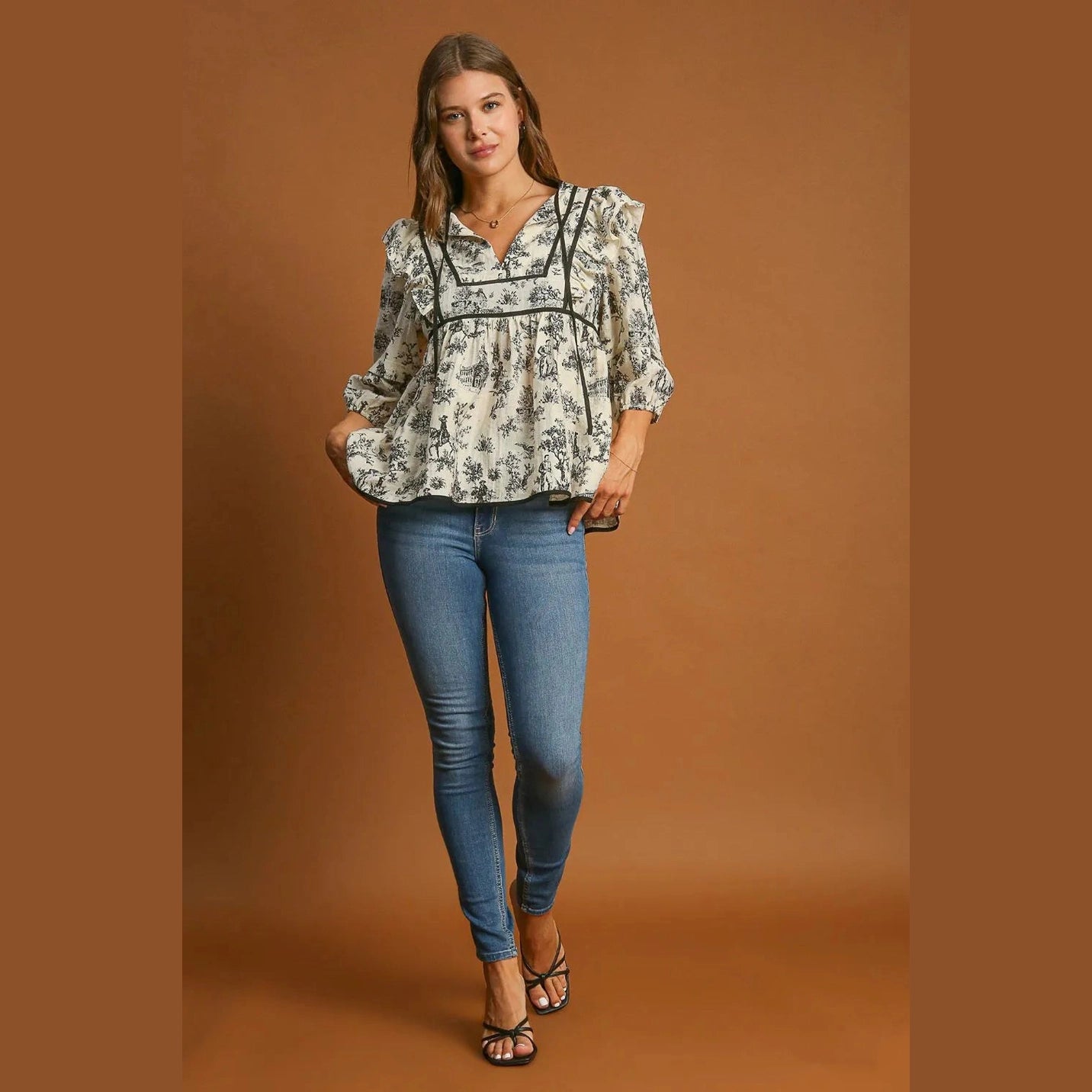 Umgee Ruffled Tie Neck Puff Sleeve Babydoll Blouse