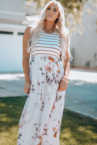 White Striped Floral Print Sleeveless Maxi Dress with Pocket-3