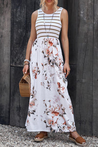 White Striped Floral Print Sleeveless Maxi Dress with Pocket-7