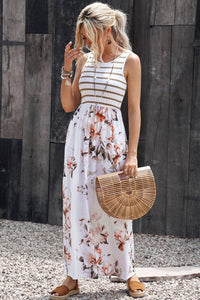 White Striped Floral Print Sleeveless Maxi Dress with Pocket-12