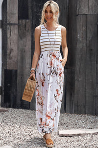 White Striped Floral Print Sleeveless Maxi Dress with Pocket-11