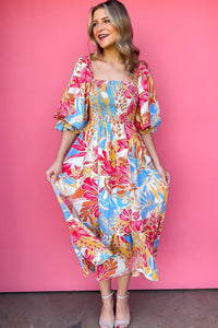 Rose Red Tropical Print Smocked Bodice Puff Sleeve Maxi Dress-6