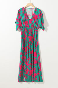 Sea Green Printed V Neck Short Sleeve Split Flared Maxi Dress-7