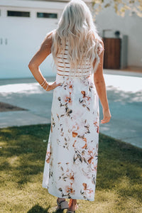 White Striped Floral Print Sleeveless Maxi Dress with Pocket-1