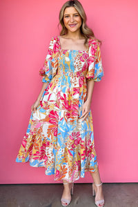 Rose Red Tropical Print Smocked Bodice Puff Sleeve Maxi Dress-7