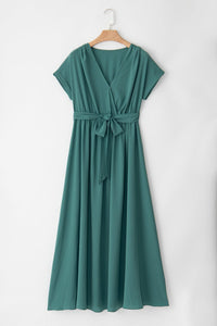 Blackish Green Solid Color V Neck Wrap Pleated Short Sleeve Maxi Dress-4