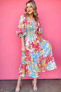 Rose Red Tropical Print Smocked Bodice Puff Sleeve Maxi Dress-4