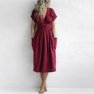 Modestly Yours Wine Red / XXXL Esther, Cotton Linen Dress (S-4XL)