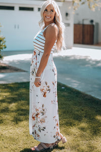 White Striped Floral Print Sleeveless Maxi Dress with Pocket-2