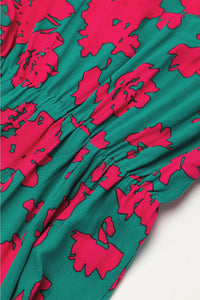 DropshipClothes Floral Dresses Sea Green Printed V Neck Short Sleeve Split Flared Maxi Dress