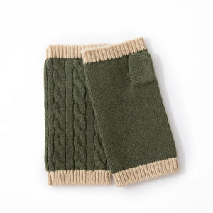 Modestly Yours Army Green Forest Cashmere, Women’s 100% Cashmere Cable Knit Mitts, Two-Tone Fingerless Winter Thermal Gloves