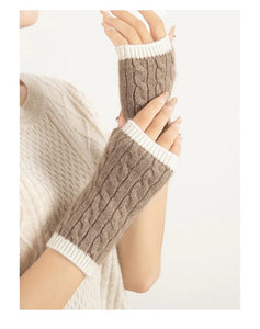 Modestly Yours Forest Cashmere, Women’s 100% Cashmere Cable Knit Mitts, Two-Tone Fingerless Winter Thermal Gloves