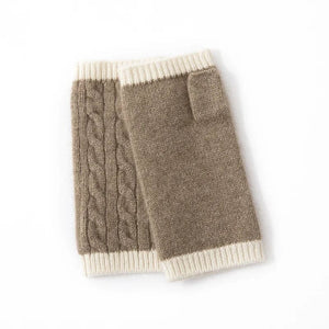 Modestly Yours Taupe Forest Cashmere, Women’s 100% Cashmere Cable Knit Mitts, Two-Tone Fingerless Winter Thermal Gloves