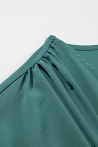DropshipClothes Maxi Dresses Blackish Green Solid Color V Neck Wrap Pleated Short Sleeve Maxi Dress