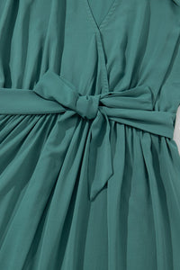 DropshipClothes Maxi Dresses Blackish Green Solid Color V Neck Wrap Pleated Short Sleeve Maxi Dress