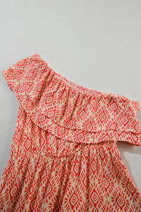 DropshipClothes Maxi Dresses Fiery Red Boho Geometric Print One Shoulder Side Slit Maxi Dress