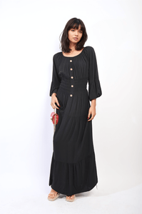 Moda Maxi Dresses Black / M/L Leah Dress, Ruffle Hem Sleeve Shirred Waist Tiered Maxi Bohemian Dress