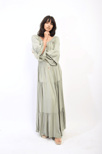 Moda Maxi Dresses Khaki / M/L Leah Dress, Ruffle Hem Sleeve Shirred Waist Tiered Maxi Bohemian Dress