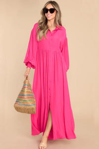 DropshipClothes Maxi Dresses Rose Bubble Sleeve Shirt Maxi Dress