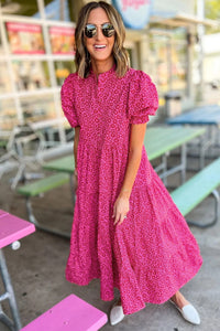 DropshipClothes Maxi Dresses Rose Red Flower Mock Neck Puff Sleeve Tiered Maxi Dress