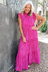 DropshipClothes Maxi Dresses Rose Red Leopard Print Ruffled Trim Tiered Maxi Dress
