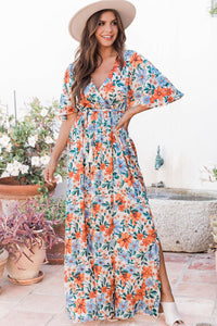 DropshipClothes Maxi Dresses Sky Blue Floral Print Wrap Belted Maxi Dress