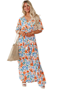 DropshipClothes Maxi Dresses Sky Blue Floral Print Wrap Belted Maxi Dress