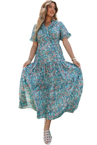 DropshipClothes Maxi Dresses Sky Blue Paisley Print Boho Holiday Ruffle Tiered Maxi Dress