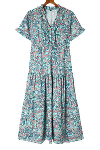 DropshipClothes Maxi Dresses Sky Blue Paisley Print Boho Holiday Ruffle Tiered Maxi Dress
