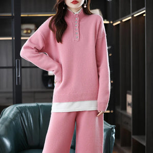 Modestly Yours Pink / S New 2023 Ladies 100% Cashmere Wool Suit Casual Long Sleeve Pullover Sweater Solid Color Knit Long Wide Leg Pants Pure Wool Suit