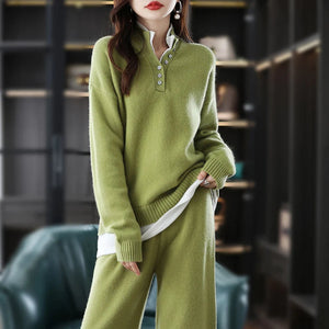 Modestly Yours green / S New 2023 Ladies 100% Cashmere Wool Suit Casual Long Sleeve Pullover Sweater Solid Color Knit Long Wide Leg Pants Pure Wool Suit