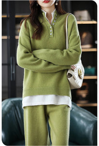 Modestly Yours New 2023 Ladies 100% Cashmere Wool Suit Casual Long Sleeve Pullover Sweater Solid Color Knit Long Wide Leg Pants Pure Wool Suit