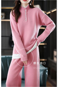 Modestly Yours New 2023 Ladies 100% Cashmere Wool Suit Casual Long Sleeve Pullover Sweater Solid Color Knit Long Wide Leg Pants Pure Wool Suit