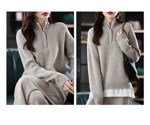 Modestly Yours New 2023 Ladies 100% Cashmere Wool Suit Casual Long Sleeve Pullover Sweater Solid Color Knit Long Wide Leg Pants Pure Wool Suit