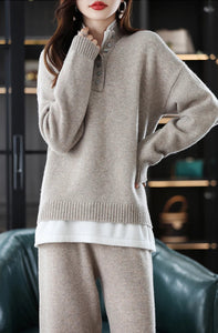 Modestly Yours New 2023 Ladies 100% Cashmere Wool Suit Casual Long Sleeve Pullover Sweater Solid Color Knit Long Wide Leg Pants Pure Wool Suit