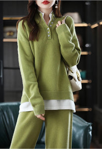 Modestly Yours New 2023 Ladies 100% Cashmere Wool Suit Casual Long Sleeve Pullover Sweater Solid Color Knit Long Wide Leg Pants Pure Wool Suit