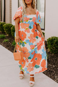 DropshipClothes Plus Size Maxi Dresses Orange Plus Size Flower Print Shirred Square Neck Maxi Dress