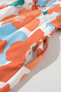 DropshipClothes Plus Size Maxi Dresses Orange Plus Size Flower Print Shirred Square Neck Maxi Dress