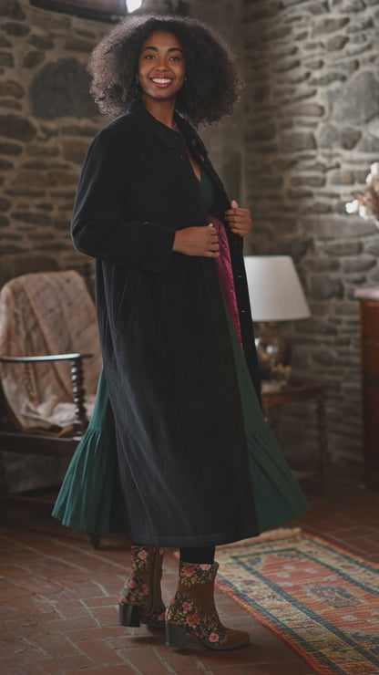 Darling Chic Black Corduroy Jacket, Flowing Gathers, Oversized Buttons, Contrast Lining